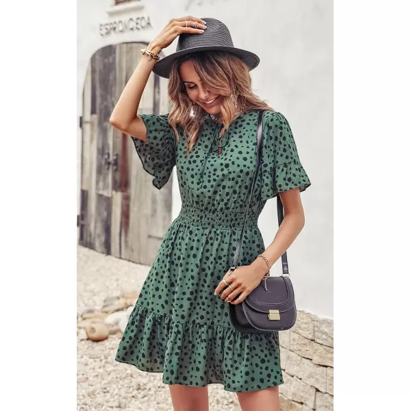 imagePRETTYGARDEN Womens Summer Boho Dress Casual Short Sleeve Tie V Neck Ruffle Floral Print Mini Skater DressesDark Green Leopard