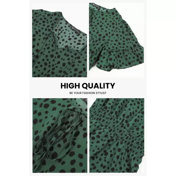 imagePRETTYGARDEN Womens Summer Boho Dress Casual Short Sleeve Tie V Neck Ruffle Floral Print Mini Skater DressesDark Green Leopard