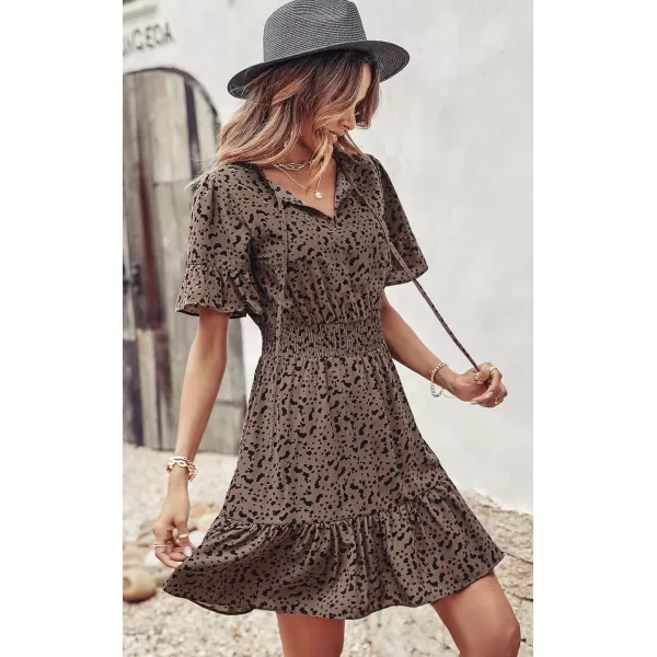 imagePRETTYGARDEN Womens Summer Boho Dress Casual Short Sleeve Tie V Neck Ruffle Floral Print Mini Skater DressesKhaki Leopard