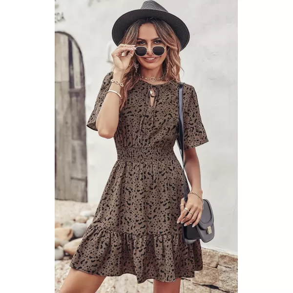 imagePRETTYGARDEN Womens Summer Boho Dress Casual Short Sleeve Tie V Neck Ruffle Floral Print Mini Skater DressesKhaki Leopard