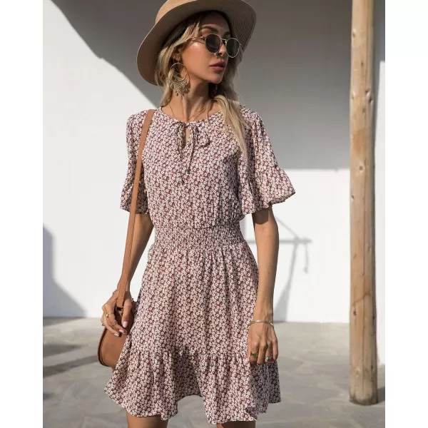 imagePRETTYGARDEN Womens Summer Boho Dress Casual Short Sleeve Tie V Neck Ruffle Floral Print Mini Skater DressesPink