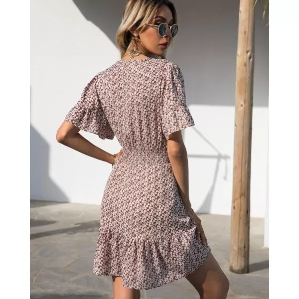 imagePRETTYGARDEN Womens Summer Boho Dress Casual Short Sleeve Tie V Neck Ruffle Floral Print Mini Skater DressesPink
