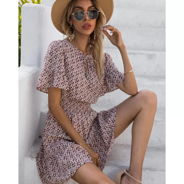 imagePRETTYGARDEN Womens Summer Boho Dress Casual Short Sleeve Tie V Neck Ruffle Floral Print Mini Skater DressesPink