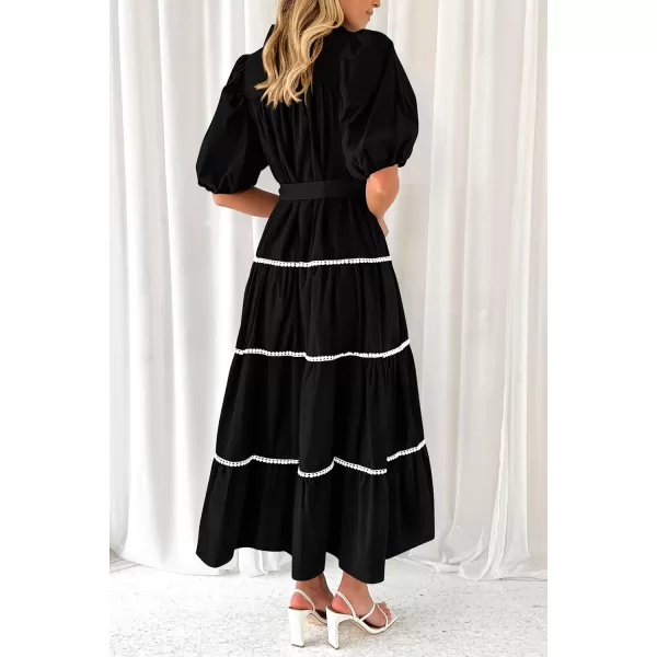 imagePRETTYGARDEN Womens Summer Button Down Shirt Dress Short Puffy Sleeve Tiered Ruffle Flowy Long Maxi DressesBlack