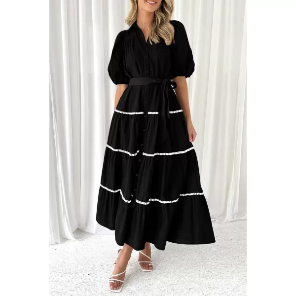 imagePRETTYGARDEN Womens Summer Button Down Shirt Dress Short Puffy Sleeve Tiered Ruffle Flowy Long Maxi DressesBlack
