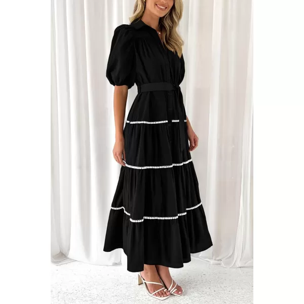 imagePRETTYGARDEN Womens Summer Button Down Shirt Dress Short Puffy Sleeve Tiered Ruffle Flowy Long Maxi DressesBlack