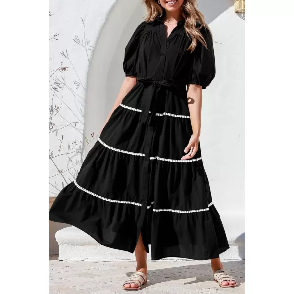 imagePRETTYGARDEN Womens Summer Button Down Shirt Dress Short Puffy Sleeve Tiered Ruffle Flowy Long Maxi DressesBlack