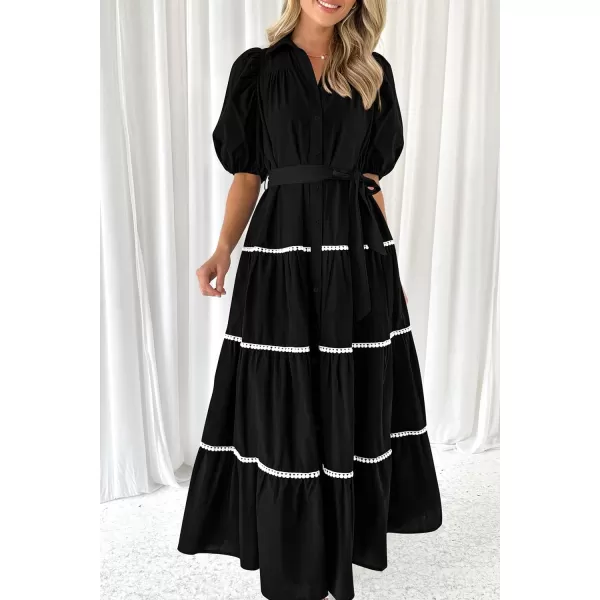 imagePRETTYGARDEN Womens Summer Button Down Shirt Dress Short Puffy Sleeve Tiered Ruffle Flowy Long Maxi DressesBlack