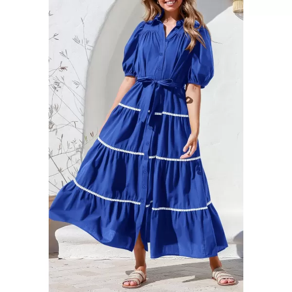 imagePRETTYGARDEN Womens Summer Button Down Shirt Dress Short Puffy Sleeve Tiered Ruffle Flowy Long Maxi DressesBlue