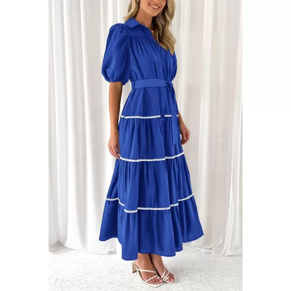 imagePRETTYGARDEN Womens Summer Button Down Shirt Dress Short Puffy Sleeve Tiered Ruffle Flowy Long Maxi DressesBlue