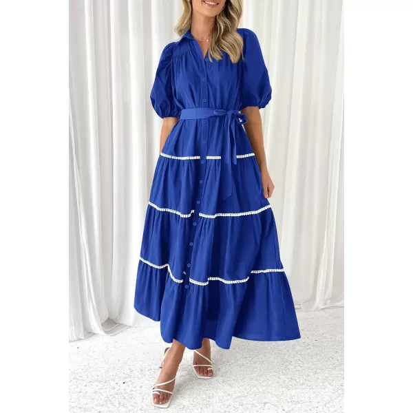 imagePRETTYGARDEN Womens Summer Button Down Shirt Dress Short Puffy Sleeve Tiered Ruffle Flowy Long Maxi DressesBlue