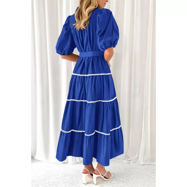 imagePRETTYGARDEN Womens Summer Button Down Shirt Dress Short Puffy Sleeve Tiered Ruffle Flowy Long Maxi DressesBlue