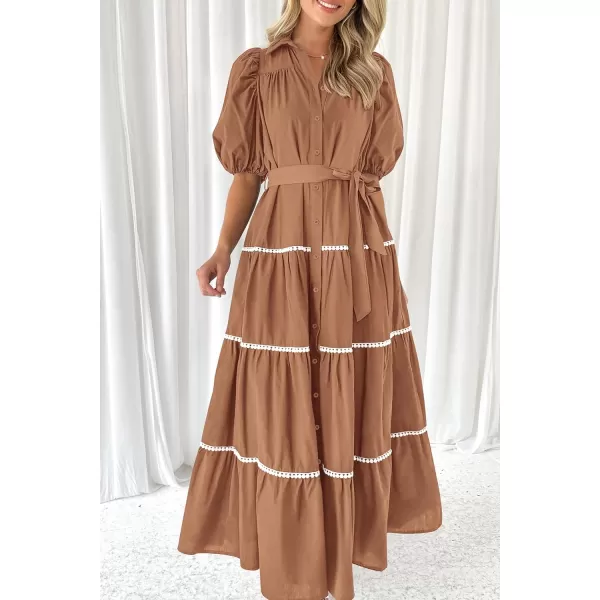 imagePRETTYGARDEN Womens Summer Button Down Shirt Dress Short Puffy Sleeve Tiered Ruffle Flowy Long Maxi DressesBrown