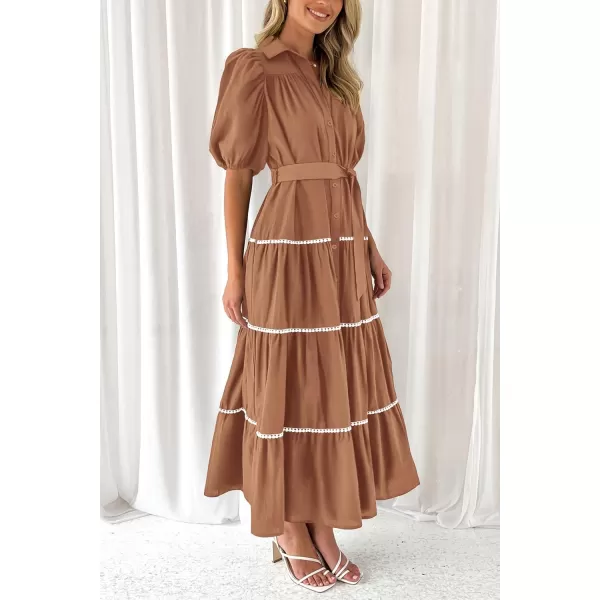 imagePRETTYGARDEN Womens Summer Button Down Shirt Dress Short Puffy Sleeve Tiered Ruffle Flowy Long Maxi DressesBrown