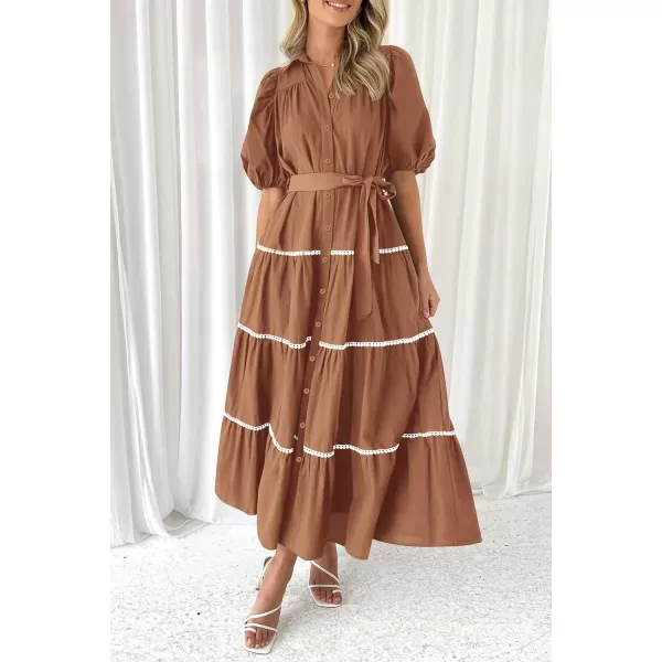 imagePRETTYGARDEN Womens Summer Button Down Shirt Dress Short Puffy Sleeve Tiered Ruffle Flowy Long Maxi DressesBrown