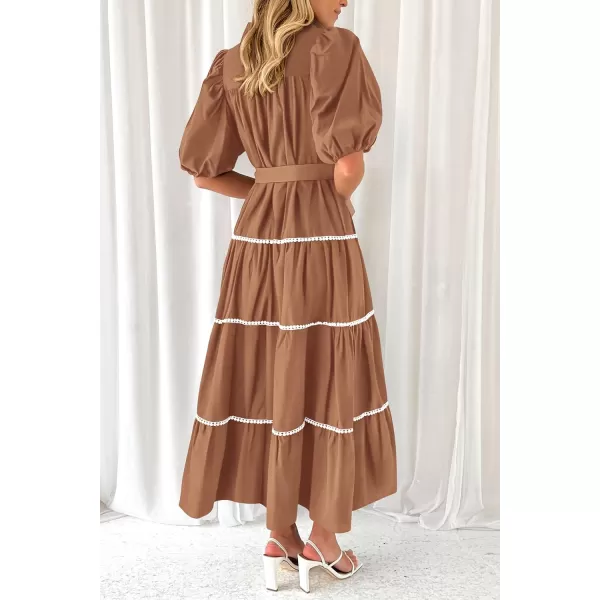 imagePRETTYGARDEN Womens Summer Button Down Shirt Dress Short Puffy Sleeve Tiered Ruffle Flowy Long Maxi DressesBrown