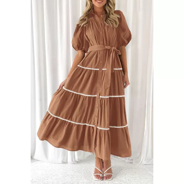 imagePRETTYGARDEN Womens Summer Button Down Shirt Dress Short Puffy Sleeve Tiered Ruffle Flowy Long Maxi DressesBrown