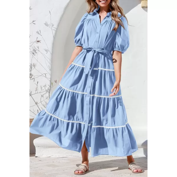 imagePRETTYGARDEN Womens Summer Button Down Shirt Dress Short Puffy Sleeve Tiered Ruffle Flowy Long Maxi DressesLight Blue