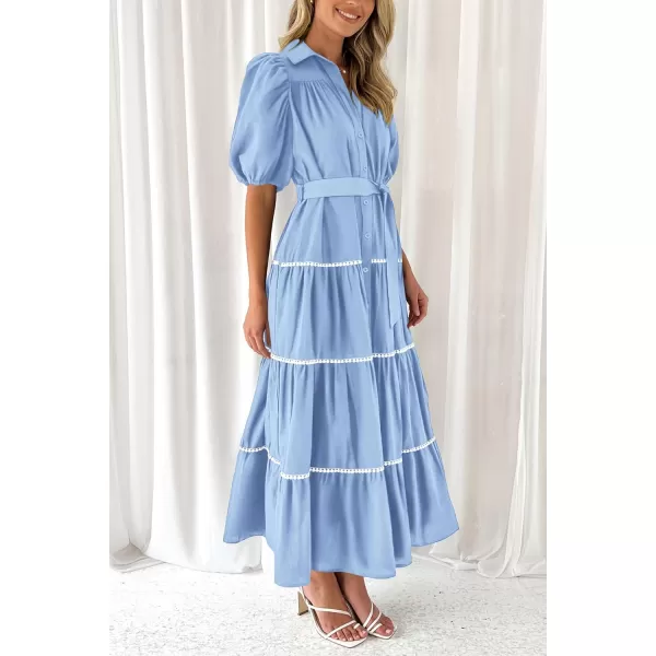 imagePRETTYGARDEN Womens Summer Button Down Shirt Dress Short Puffy Sleeve Tiered Ruffle Flowy Long Maxi DressesLight Blue