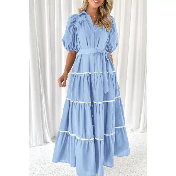 imagePRETTYGARDEN Womens Summer Button Down Shirt Dress Short Puffy Sleeve Tiered Ruffle Flowy Long Maxi DressesLight Blue