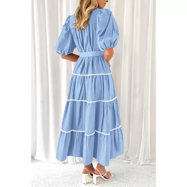 imagePRETTYGARDEN Womens Summer Button Down Shirt Dress Short Puffy Sleeve Tiered Ruffle Flowy Long Maxi DressesLight Blue