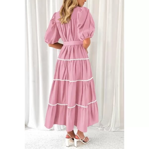 imagePRETTYGARDEN Womens Summer Button Down Shirt Dress Short Puffy Sleeve Tiered Ruffle Flowy Long Maxi DressesPink