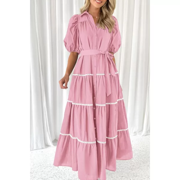 imagePRETTYGARDEN Womens Summer Button Down Shirt Dress Short Puffy Sleeve Tiered Ruffle Flowy Long Maxi DressesPink