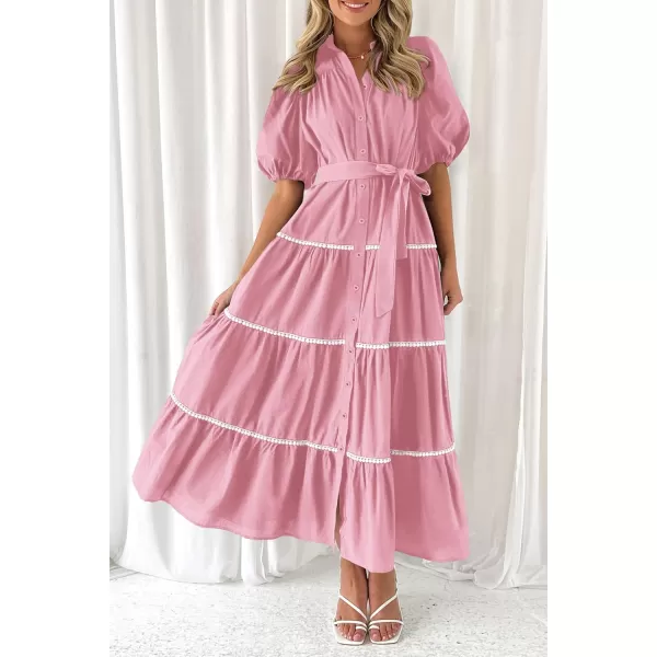 imagePRETTYGARDEN Womens Summer Button Down Shirt Dress Short Puffy Sleeve Tiered Ruffle Flowy Long Maxi DressesPink