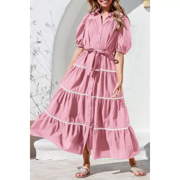 imagePRETTYGARDEN Womens Summer Button Down Shirt Dress Short Puffy Sleeve Tiered Ruffle Flowy Long Maxi DressesPink