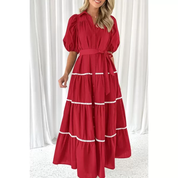 imagePRETTYGARDEN Womens Summer Button Down Shirt Dress Short Puffy Sleeve Tiered Ruffle Flowy Long Maxi DressesRed
