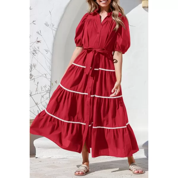 imagePRETTYGARDEN Womens Summer Button Down Shirt Dress Short Puffy Sleeve Tiered Ruffle Flowy Long Maxi DressesRed