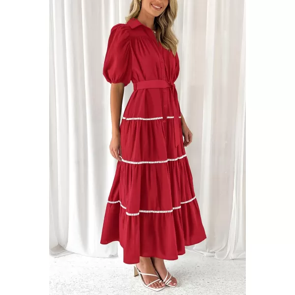imagePRETTYGARDEN Womens Summer Button Down Shirt Dress Short Puffy Sleeve Tiered Ruffle Flowy Long Maxi DressesRed