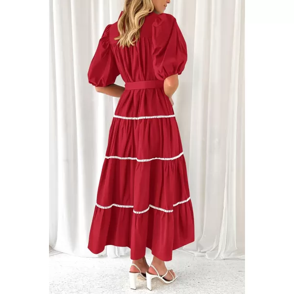 imagePRETTYGARDEN Womens Summer Button Down Shirt Dress Short Puffy Sleeve Tiered Ruffle Flowy Long Maxi DressesRed