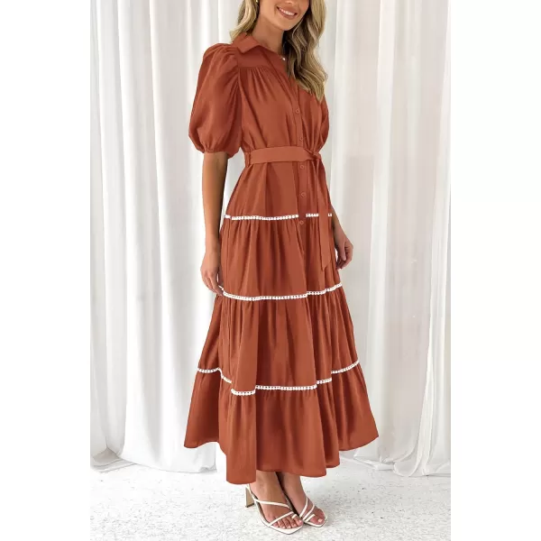 imagePRETTYGARDEN Womens Summer Button Down Shirt Dress Short Puffy Sleeve Tiered Ruffle Flowy Long Maxi DressesRust Red