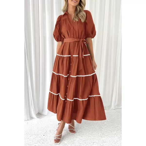 imagePRETTYGARDEN Womens Summer Button Down Shirt Dress Short Puffy Sleeve Tiered Ruffle Flowy Long Maxi DressesRust Red