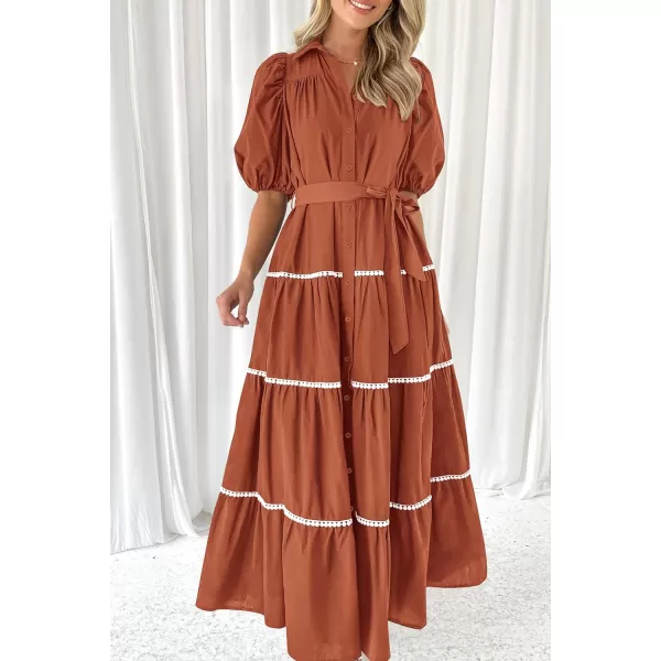 imagePRETTYGARDEN Womens Summer Button Down Shirt Dress Short Puffy Sleeve Tiered Ruffle Flowy Long Maxi DressesRust Red
