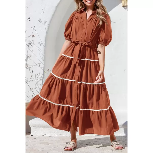 imagePRETTYGARDEN Womens Summer Button Down Shirt Dress Short Puffy Sleeve Tiered Ruffle Flowy Long Maxi DressesRust Red