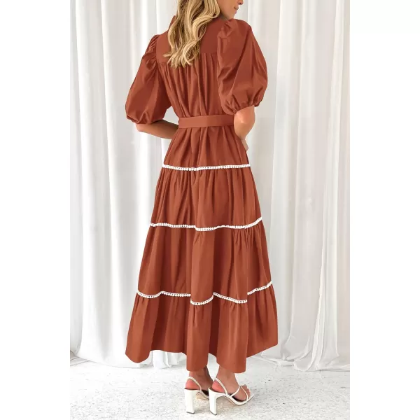 imagePRETTYGARDEN Womens Summer Button Down Shirt Dress Short Puffy Sleeve Tiered Ruffle Flowy Long Maxi DressesRust Red