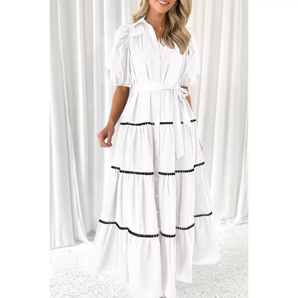 imagePRETTYGARDEN Womens Summer Button Down Shirt Dress Short Puffy Sleeve Tiered Ruffle Flowy Long Maxi DressesWhite
