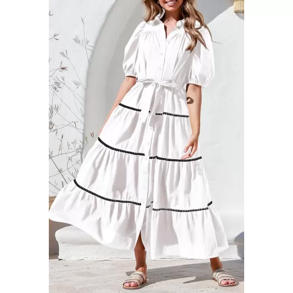 imagePRETTYGARDEN Womens Summer Button Down Shirt Dress Short Puffy Sleeve Tiered Ruffle Flowy Long Maxi DressesWhite