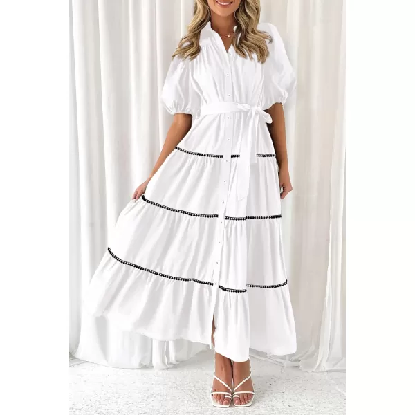imagePRETTYGARDEN Womens Summer Button Down Shirt Dress Short Puffy Sleeve Tiered Ruffle Flowy Long Maxi DressesWhite