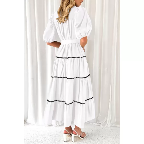 imagePRETTYGARDEN Womens Summer Button Down Shirt Dress Short Puffy Sleeve Tiered Ruffle Flowy Long Maxi DressesWhite