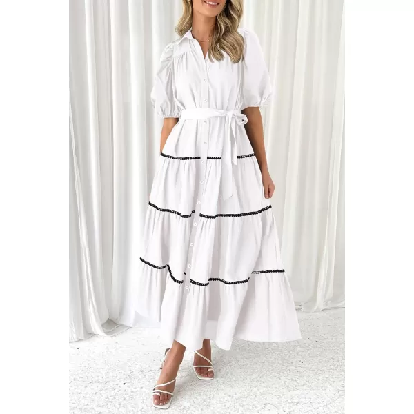 imagePRETTYGARDEN Womens Summer Button Down Shirt Dress Short Puffy Sleeve Tiered Ruffle Flowy Long Maxi DressesWhite