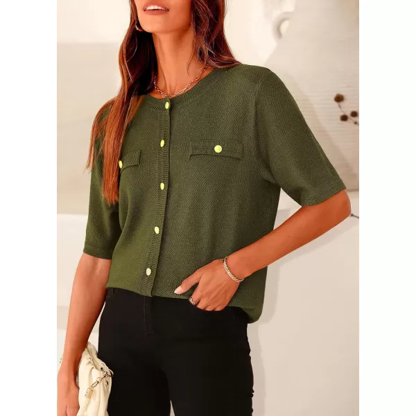 imagePRETTYGARDEN Womens Summer Button Down Shirts Casual Short Sleeve Crew Neck Ribbed Knit Blouse Top CardigansArmy Green
