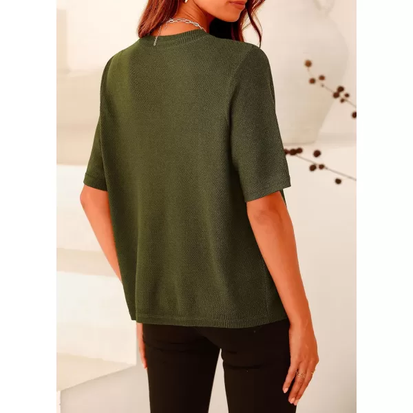 imagePRETTYGARDEN Womens Summer Button Down Shirts Casual Short Sleeve Crew Neck Ribbed Knit Blouse Top CardigansArmy Green