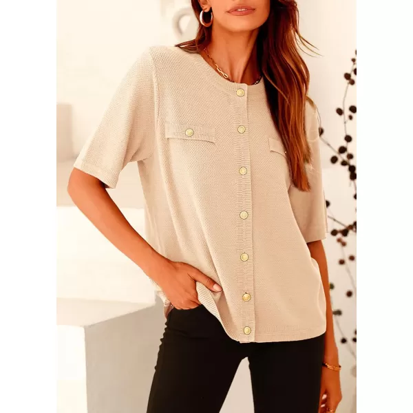imagePRETTYGARDEN Womens Summer Button Down Shirts Casual Short Sleeve Crew Neck Ribbed Knit Blouse Top CardigansBeige
