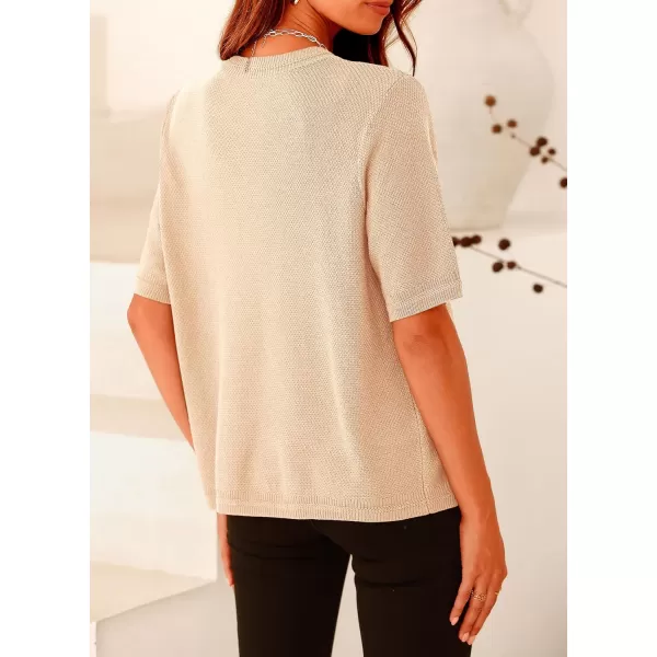 imagePRETTYGARDEN Womens Summer Button Down Shirts Casual Short Sleeve Crew Neck Ribbed Knit Blouse Top CardigansBeige
