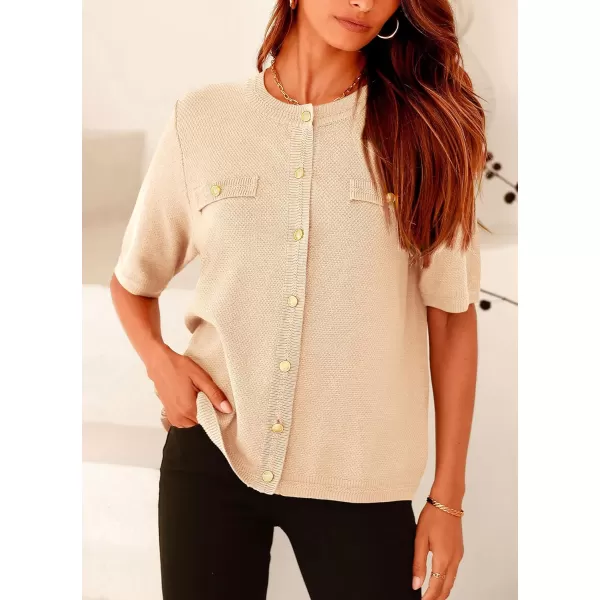 imagePRETTYGARDEN Womens Summer Button Down Shirts Casual Short Sleeve Crew Neck Ribbed Knit Blouse Top CardigansBeige