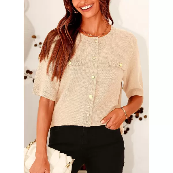 imagePRETTYGARDEN Womens Summer Button Down Shirts Casual Short Sleeve Crew Neck Ribbed Knit Blouse Top CardigansBeige
