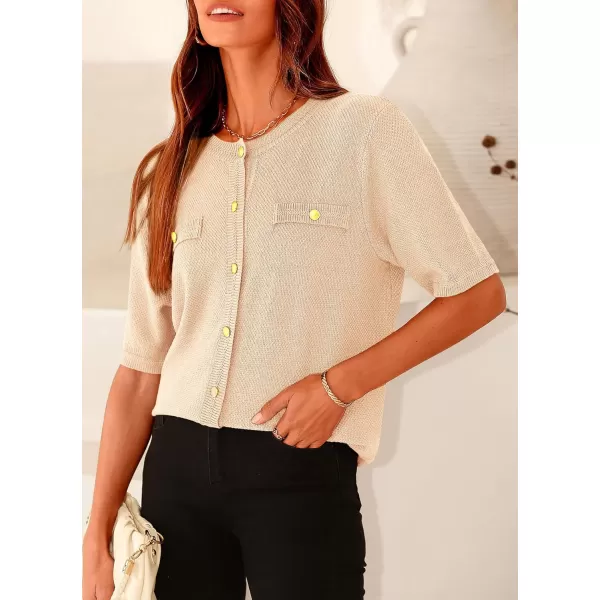 imagePRETTYGARDEN Womens Summer Button Down Shirts Casual Short Sleeve Crew Neck Ribbed Knit Blouse Top CardigansBeige